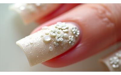 Intricate 3D floral embellishments on nude nails