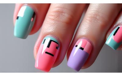Abstract geometric gel nail art in vibrant colors
