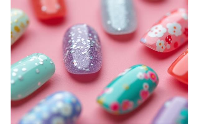 Close-up of creative and colorful nail art designs